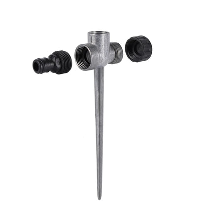 Garden rotating impact sprinkler with brass nozzle, 1/2" male thread, adjustable spray pattern for lawn irrigation.