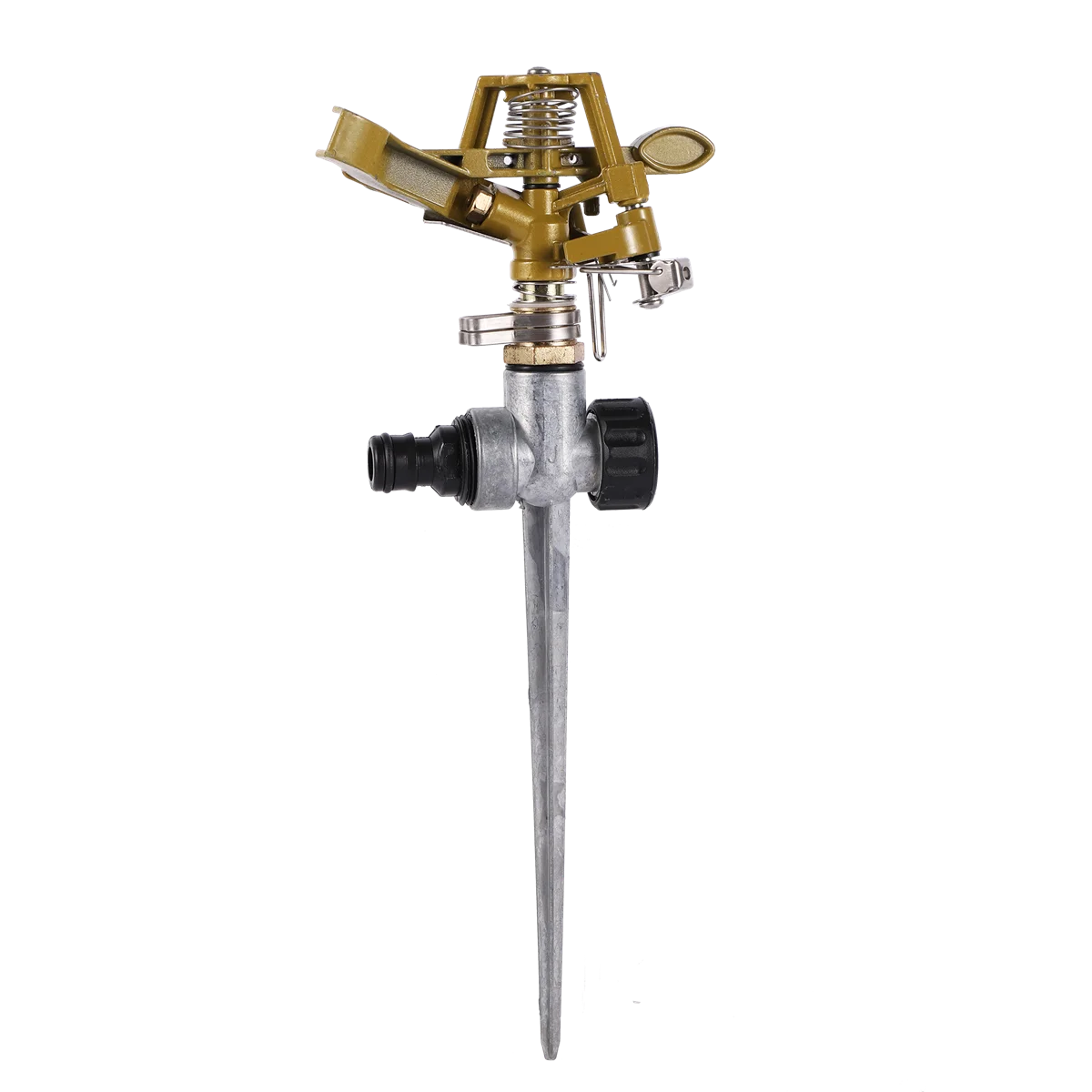 Garden rotating impact sprinkler with brass nozzle, 1/2" male thread, adjustable water spray for lawn irrigation and watering.