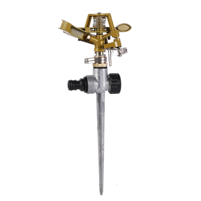 Garden rotating impact sprinkler with brass nozzle, 1/2" male thread, adjustable water spray for lawn irrigation and watering.