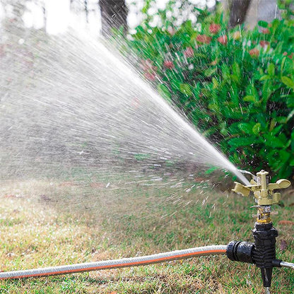 Garden rotating rocker impact sprinkler with adjustable brass nozzle and 1/2" male thread for lawn watering and irrigation.
