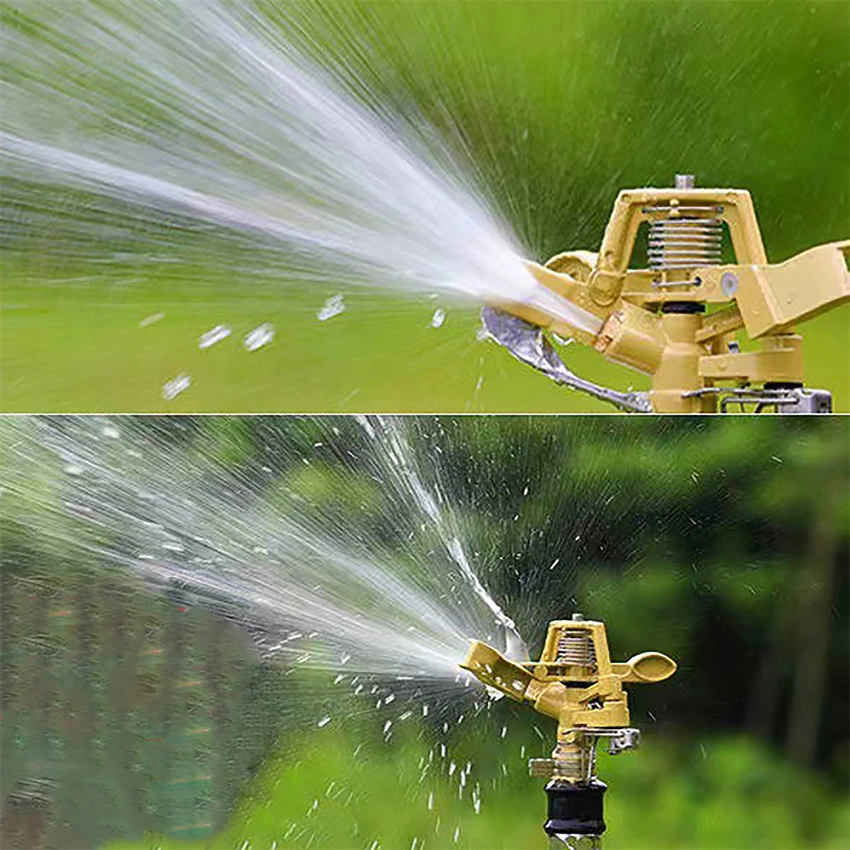 Garden rotating impact sprinkler with adjustable brass nozzle and 1/2" male thread for lawn watering and irrigation.