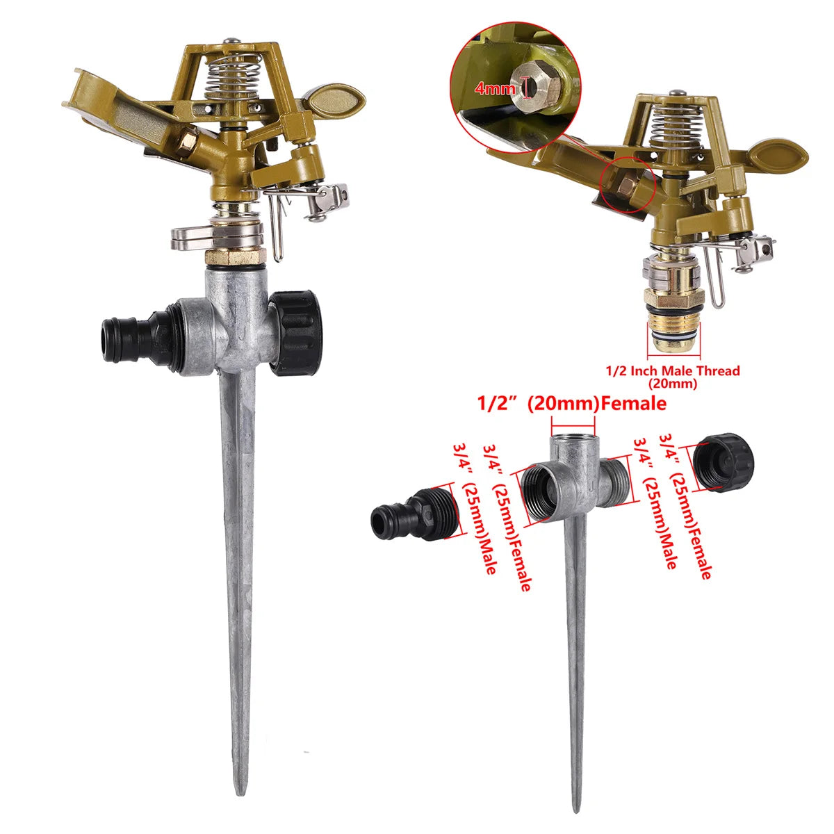 Garden rotating impact sprinkler with brass nozzle and 1/2" male thread, adjustable for lawn watering and irrigation.
