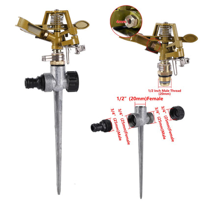 Garden rotating impact sprinkler with brass nozzle and 1/2" male thread, adjustable for lawn watering and irrigation.