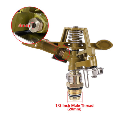 Garden rotating rocker impact sprinkler with brass nozzle, 1/2" male thread, adjustable water spray for lawn irrigation.