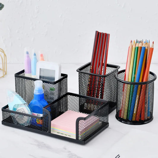 Home office mesh desk organizer with pencil holder and storage baskets for desktop accessories and supplies.