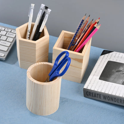 Wooden square, round, and hexagon pencil holder for office desk storage, organizing pens, pencils, and stationery supplies.