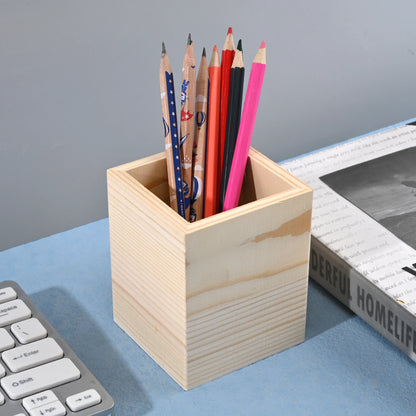 Wooden square, round, and hexagon pencil holders for office desk storage, featuring a stylish design for organizing pens and stationery.