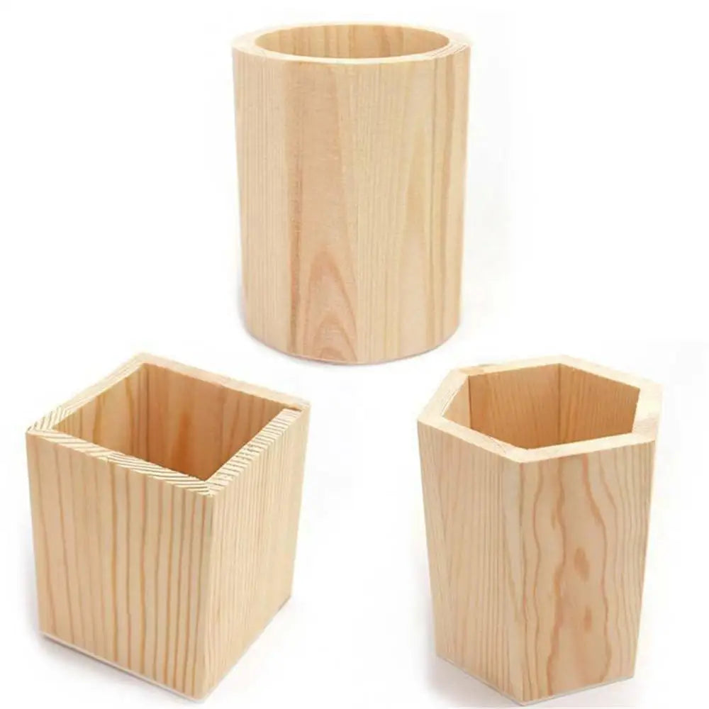 Wooden pencil holder with square, round, and hexagon compartments for office desk stationery organization and pen storage.