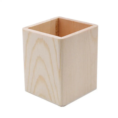 Wooden square, round, and hexagon desk pencil holder from BackupMyFilesNow.com, ideal for office stationery storage and organization.