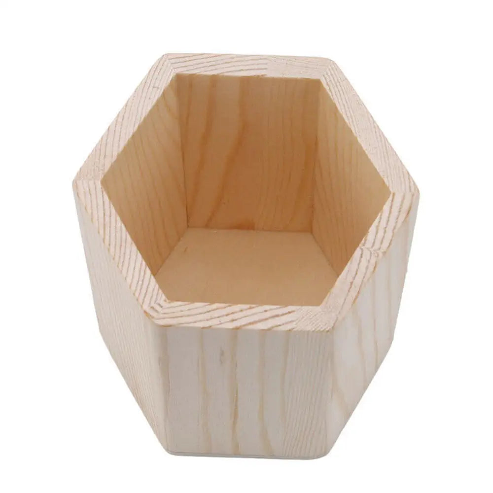 Wooden square, round, and hexagon pencil holder for office desk storage, with pens and stationery inside.