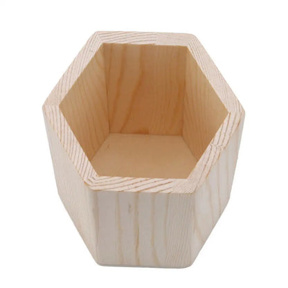 Wooden square, round, and hexagon pencil holder for office desk storage, with pens and stationery inside.