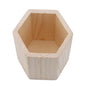 Wooden square, round, and hexagon pencil holder for office desk storage, with pens and stationery inside.