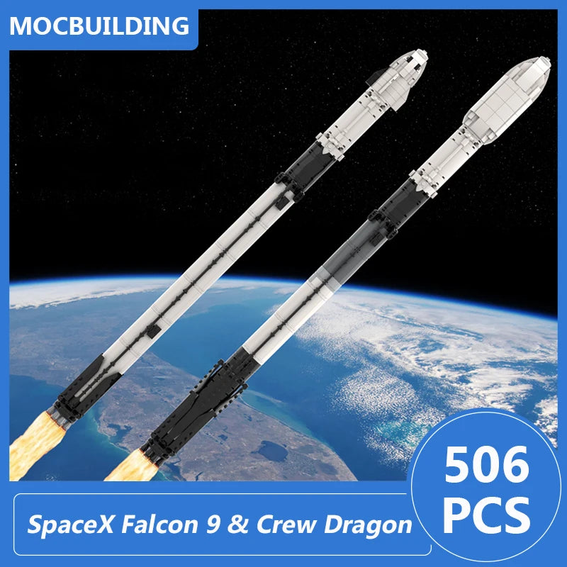 SpaceX Falcon Heavy 1:110 scale model building blocks by BACKUPMYFILESNOW.COM®, showcasing assembled DIY space-themed educational display toy.