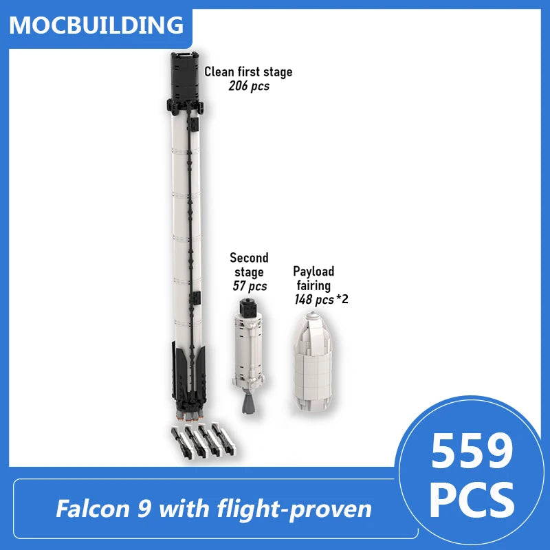 SpaceX Falcon Heavy 1:110 scale model building blocks by BACKUPMYFILESNOW.COM, featuring detailed space-themed educational display bricks