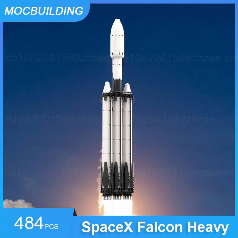 SpaceX Falcon Heavy MOC building blocks set by BACKUPMYFILESNOW.COM featuring 173-piece DIY space-themed educational display toy.