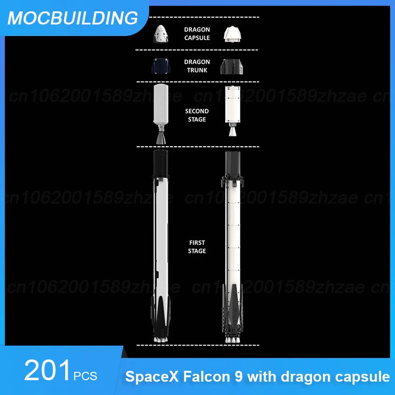 Educational SpaceX Falcon Heavy MOC building blocks by BACKUPMYFILESNOW.COM®, featuring detailed spacecraft bricks for creative display.
