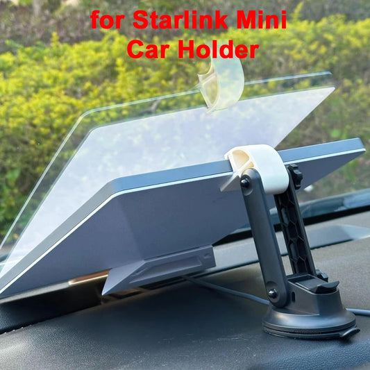 Car suction mount for Starlink Mini with 360° rotatable bracket, nano glue dashboard holder, designed for bumpy roads.