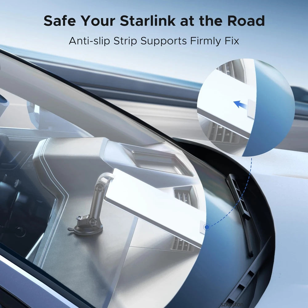 Car suction mount for Starlink Mini with 360° rotatable bracket, nano glue dashboard holder, designed for bumpy roads.