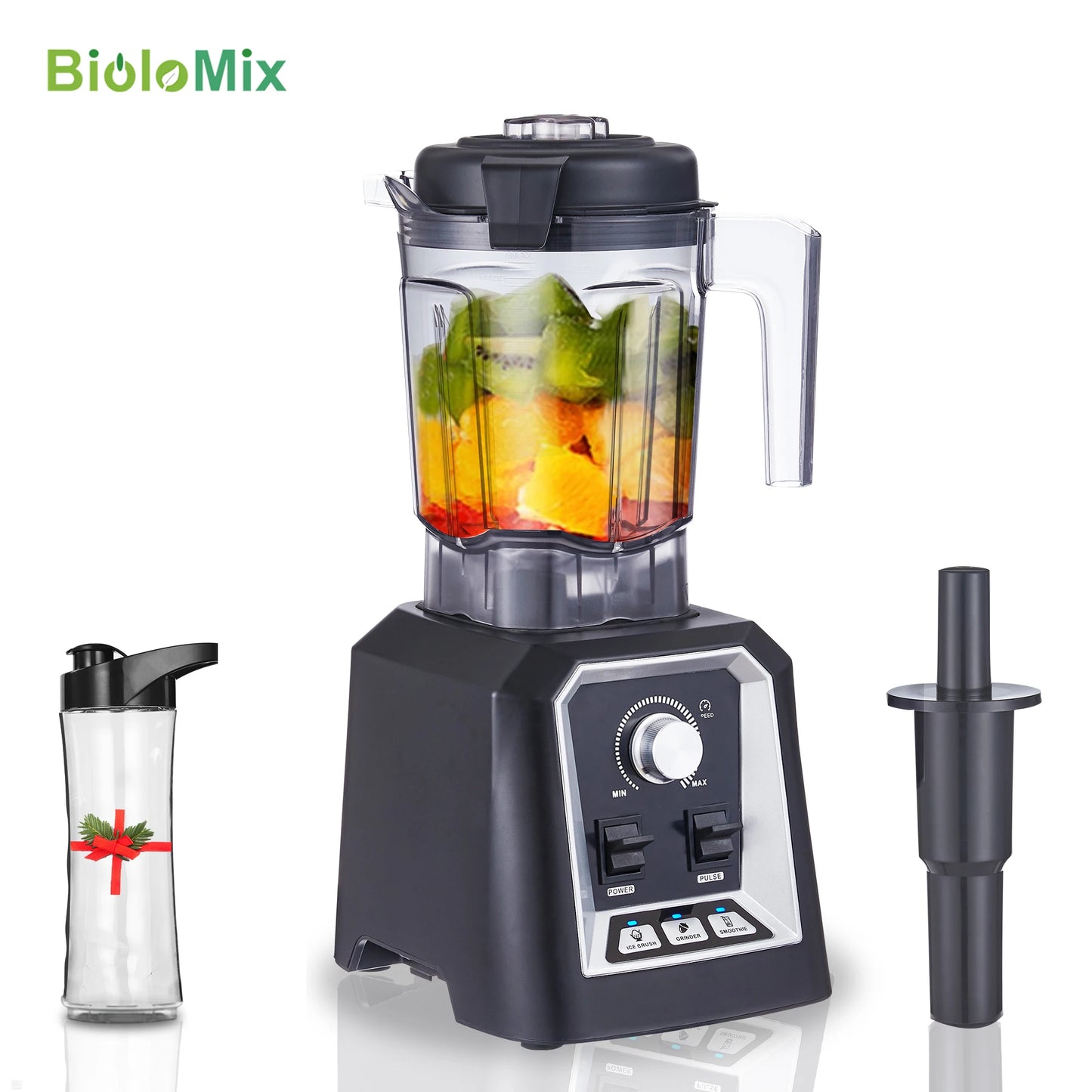BioloMix professional smoothie blender with 2L BPA-free low-profile jar, food mixer, juicer, and ice crusher in a modern kitchen setting.