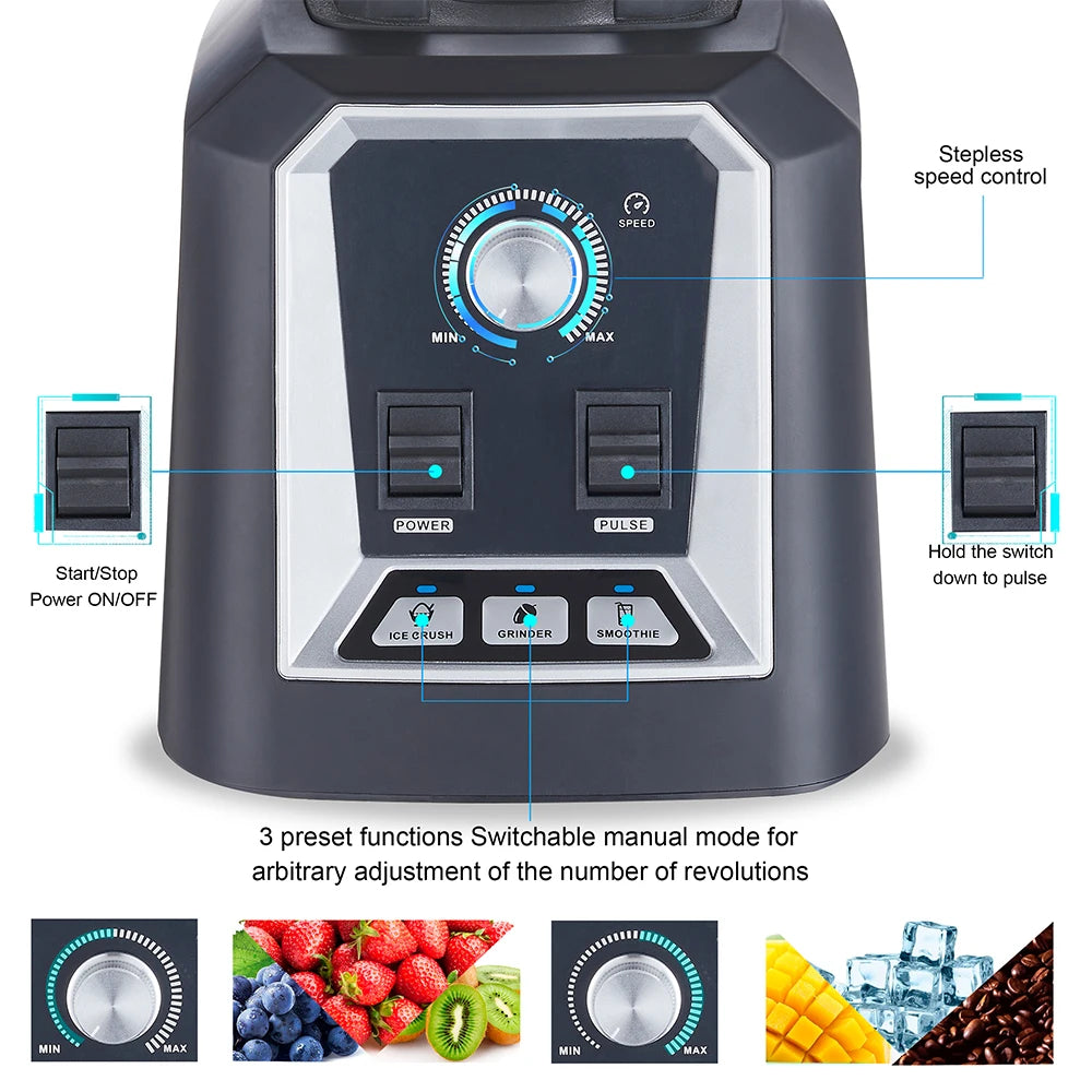 BioloMix professional kitchen smoothie blender with 2L BPA-free low-profile jar, food mixer, juicer, and ice crusher in action.