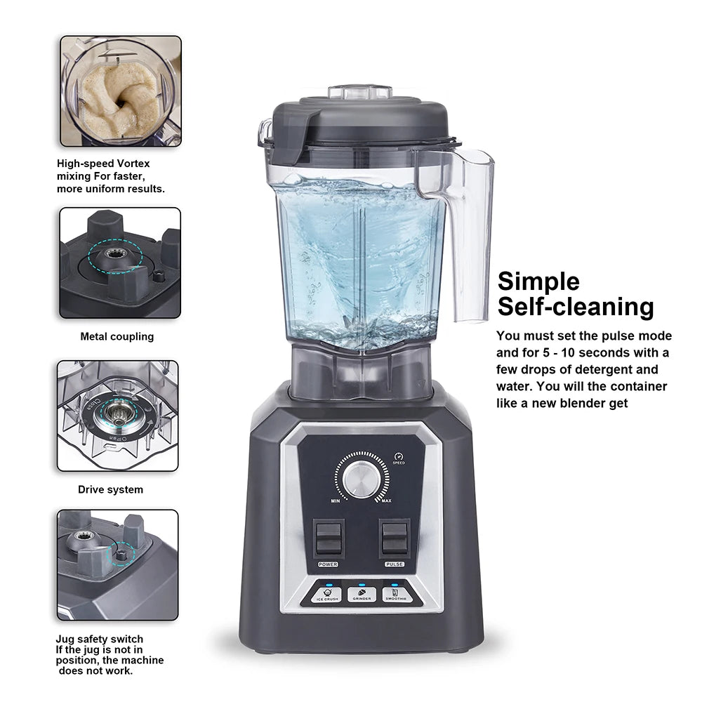 BioloMix professional kitchen smoothie blender with BPA-free 2L low-profile jar, food mixer, juicer, and ice crusher functions.