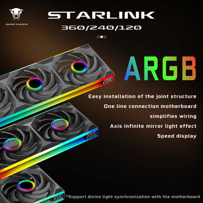 Jungle Leopard Starlink 360 digital integrated fan with ARGB lighting, 240-chassis CD pattern, temperature control, and silent cooling.
