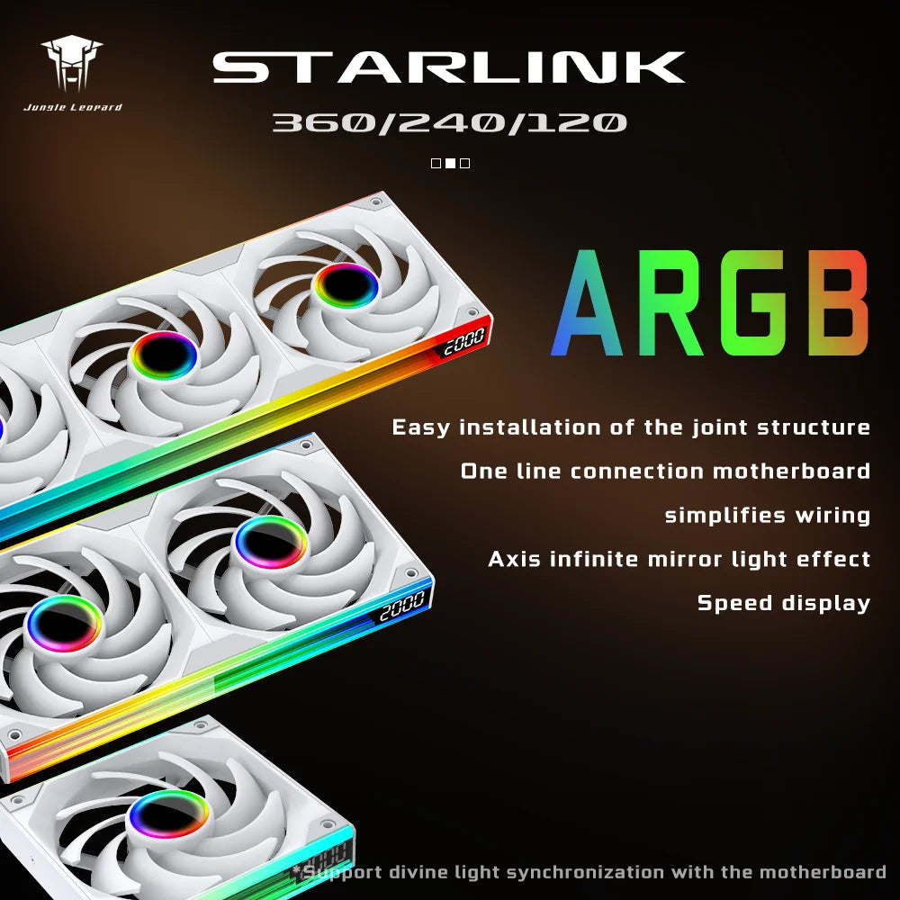 Jungle Leopard Starlink 360 digital integrated fan with ARGB lighting, 240 chassis, silent cooling, and temperature control for PC cooling