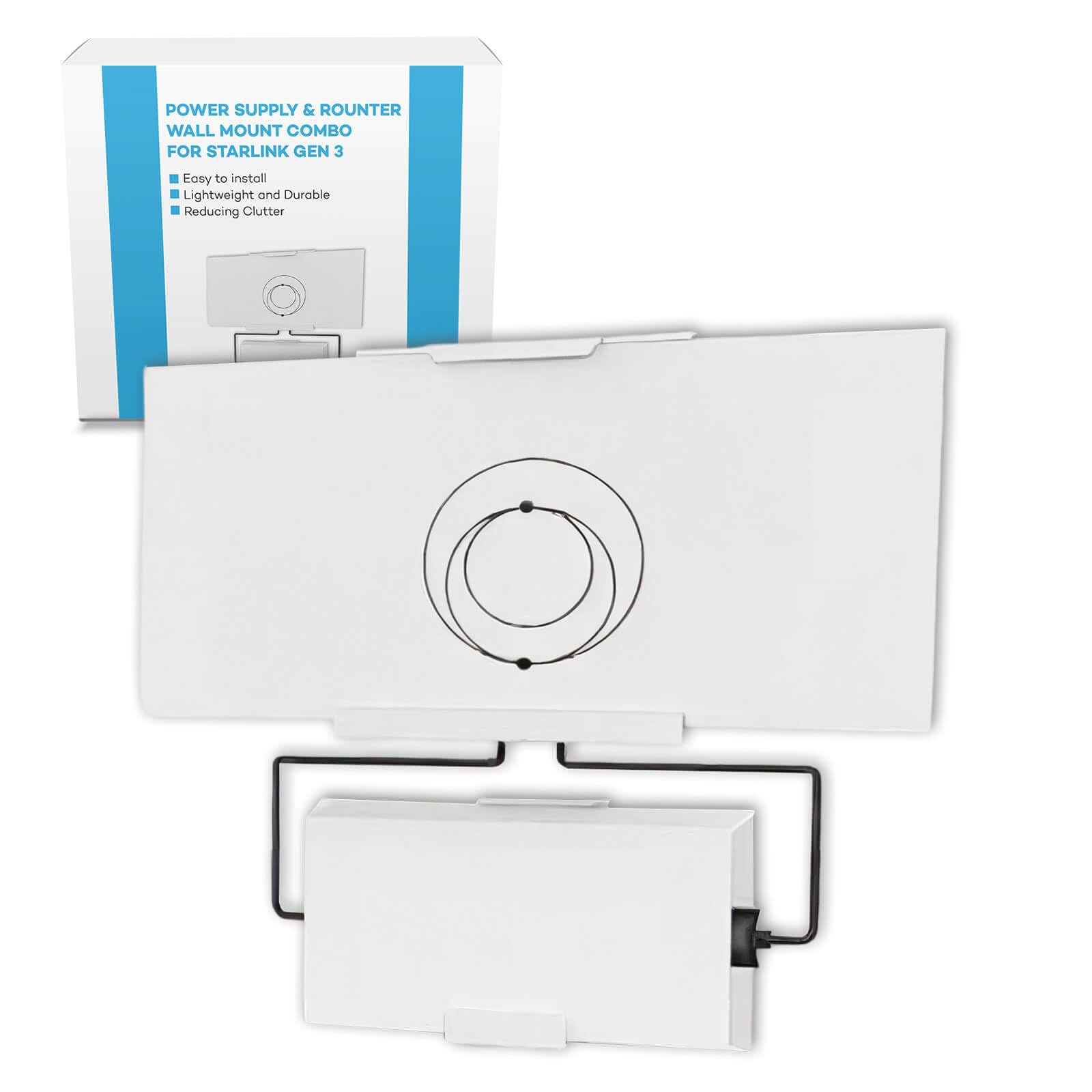 BackupMyFilesNow® 2-in-1 Starlink Gen 3 router and power supply wall mount brackets for space-saving satellite internet setup.