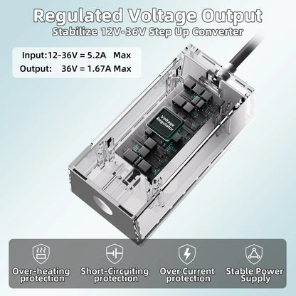 Starlink Mini Battery Adapter 12V-36V DC power supply with boost converter, shown with connection ports and compact design.