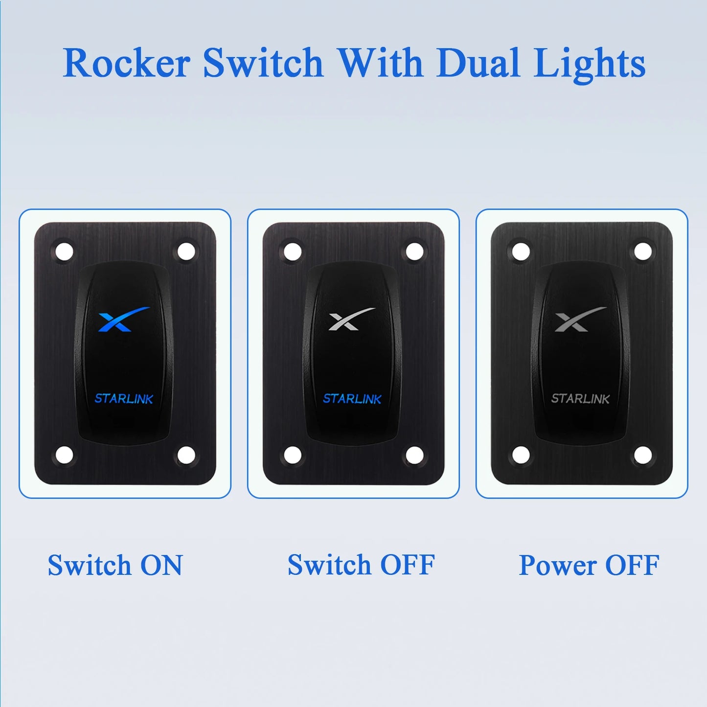 Starlink rocker switch with blue LED light, waterproof 12V/24V on-off button for Starlink mini satellite dish and Wi-Fi router.