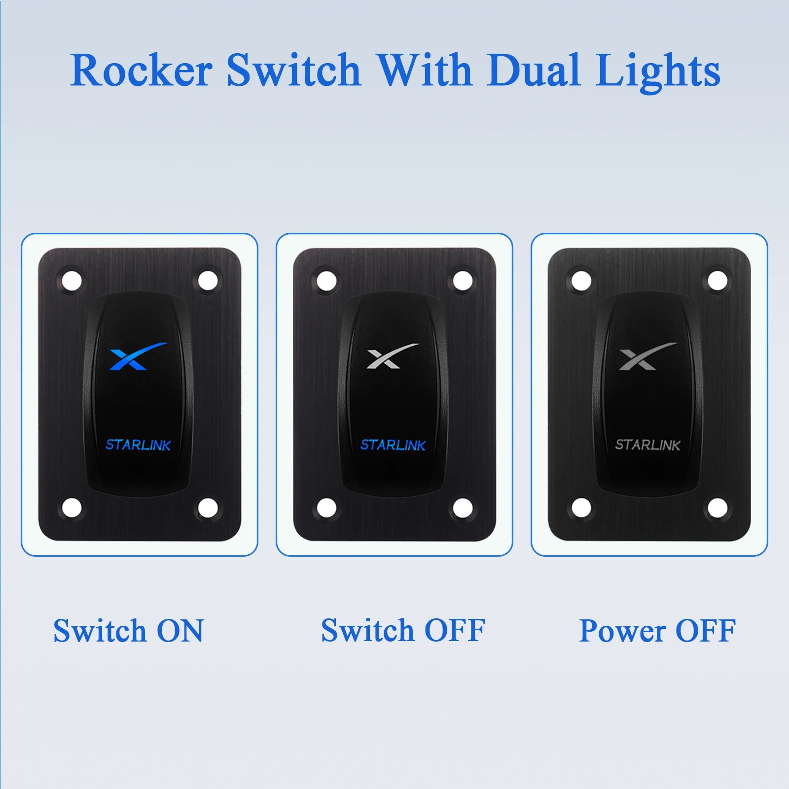 Starlink rocker switch with blue LED light, waterproof 12V/24V on-off button for Starlink mini satellite dish and Wi-Fi router.