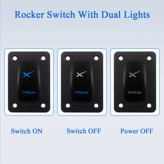 Starlink rocker switch with blue LED light, waterproof 12V/24V on-off button for Starlink mini satellite dish and Wi-Fi router.