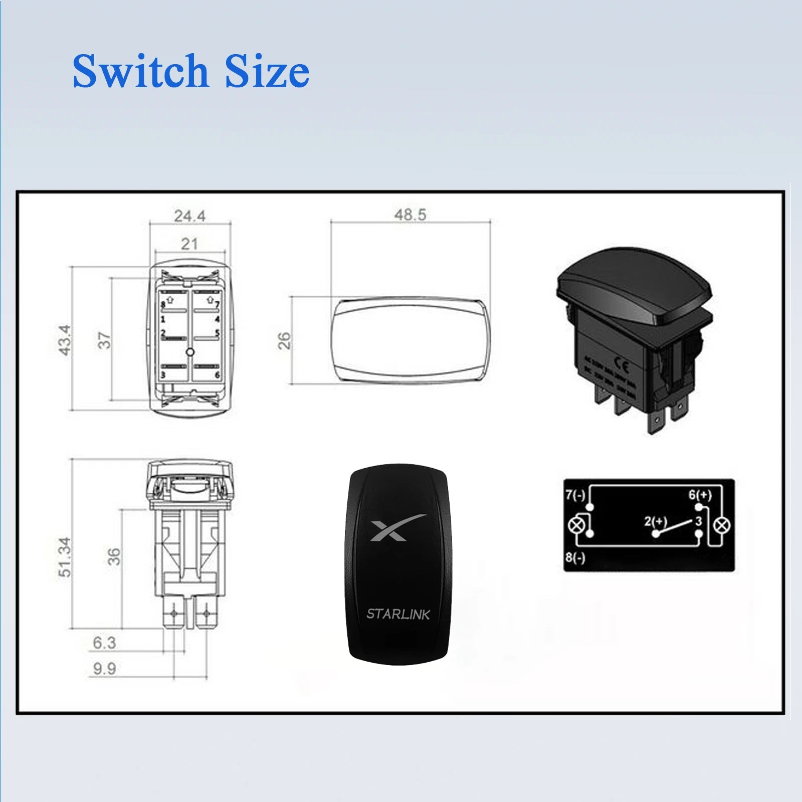 Starlink rocker switch with blue LED, waterproof 12V/24V on/off button for Starlink mini satellite dish and Wi-Fi router.