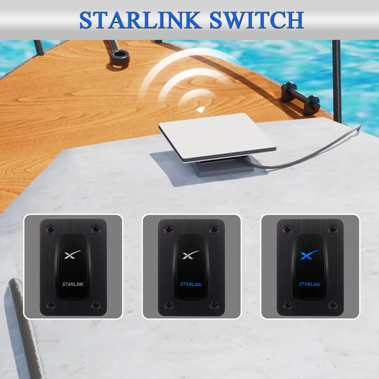 Starlink rocker switch with blue light, waterproof 12V/24V on/off button for Starlink mini satellite dish and Wi-Fi router.