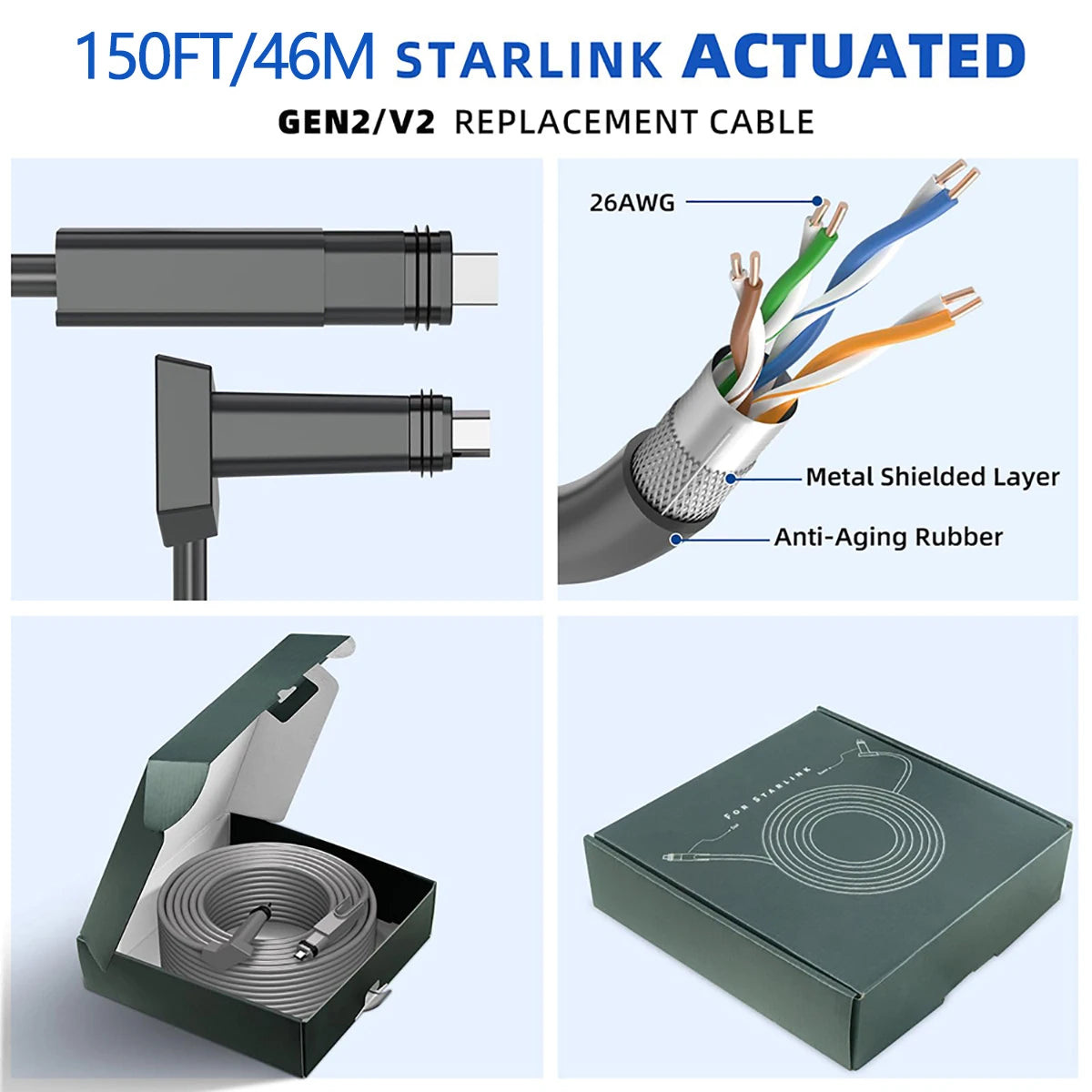 Starlink GEN2/V2 router cable, 6.5ft waterproof angled replacement cable for rectangular satellite, compatible with Starlink Gen2.