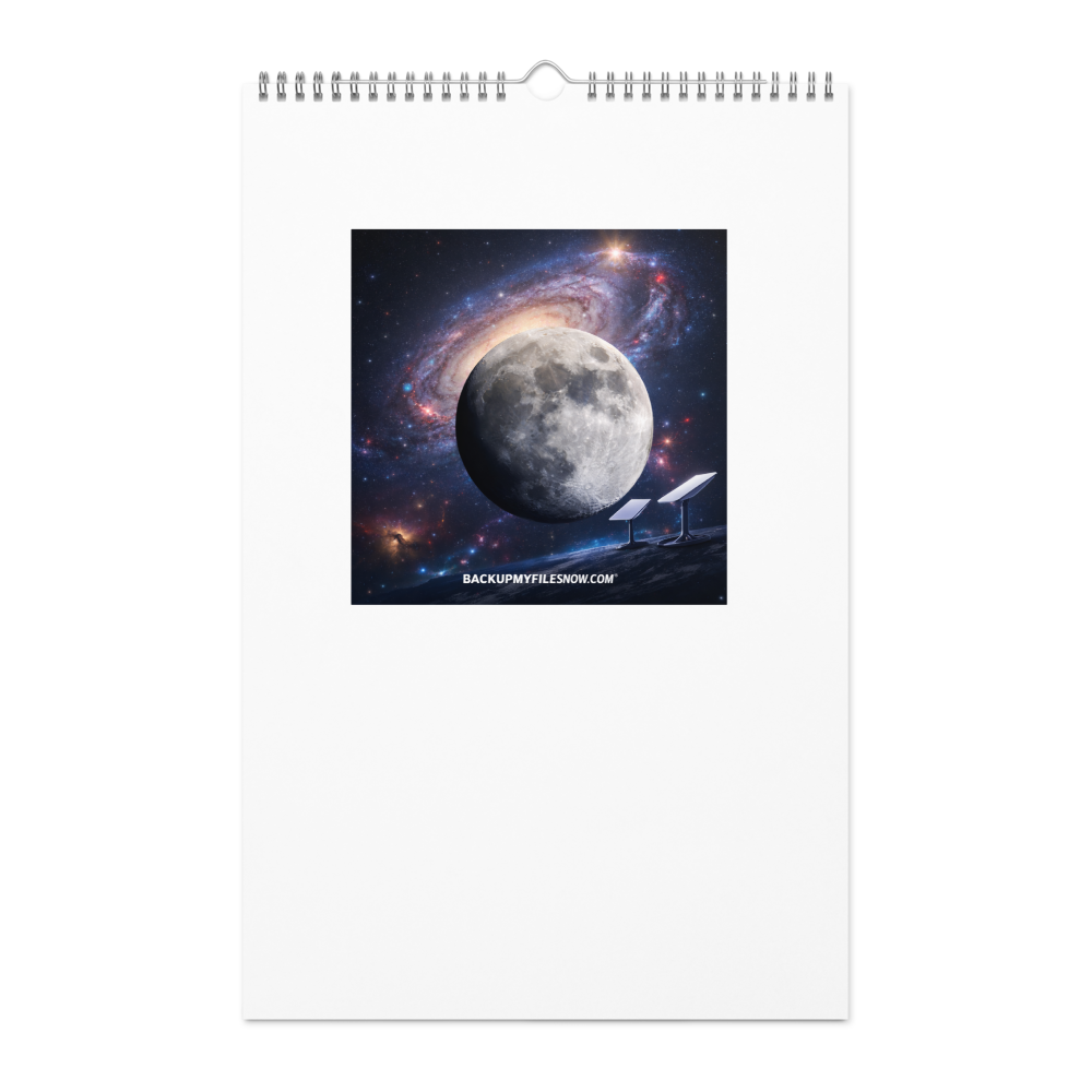2025 wall calendar from BACKUPMYFILESNOW.COM® featuring a weekly layout on a large white 11x8.5-inch page.