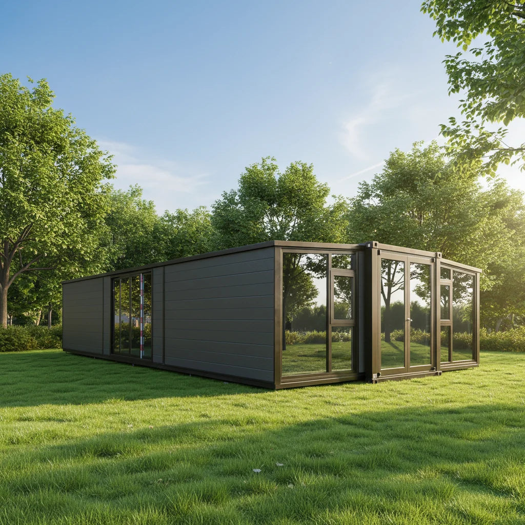 Modern 20ft prefab container house with 2-3 bedrooms, living room, and office space by BACKUPMYFILESNOW.COM®.