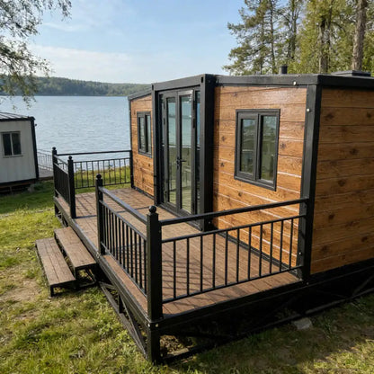 Modern prefab container house by BACKUPMYFILESNOW.COM featuring 2-3 bedrooms, living room, and office space in a steel 20ft design.