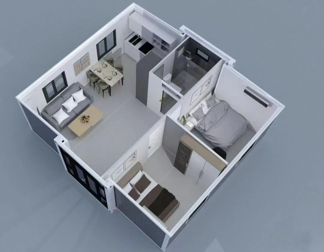 Modern steel 20ft prefab container house with 2-3 bedrooms, living room, and office space, designed by BACKUPMYFILESNOW.COM®.
