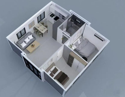 Modern steel 20ft prefab container house with 2-3 bedrooms, living room, and office space, designed by BACKUPMYFILESNOW.COM®.