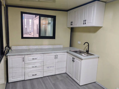 Steel 20ft modern prefab container house with 2-3 bedrooms, living room, and office space, designed for compact living and working.