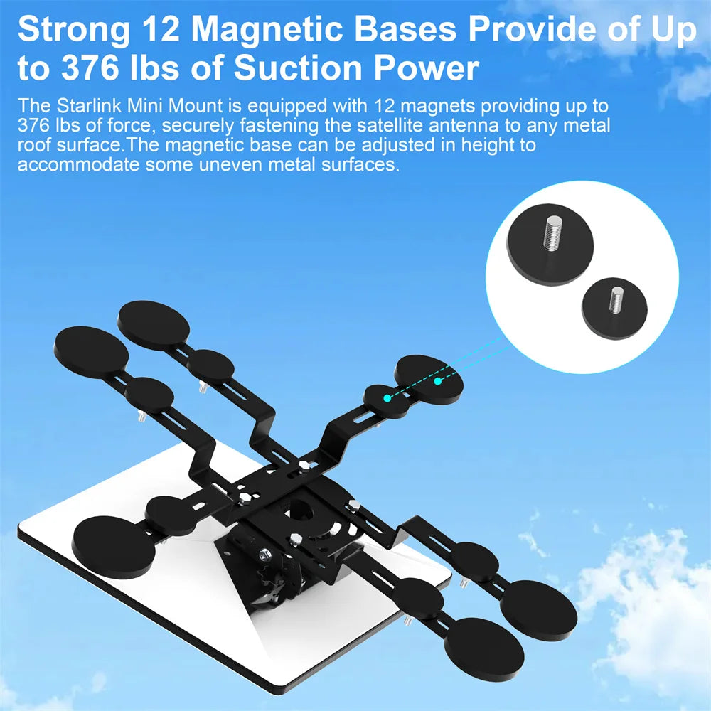 Starlink Mini V4 Magnetic Roof Mount with 12 magnetic bases and 160° tilt for RV, car, yacht, or truck installation