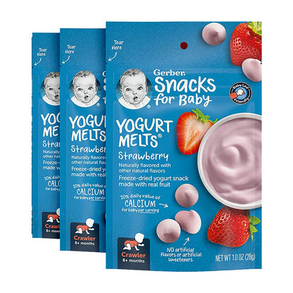 Gerber Snacks for Baby Yogurt Melts in strawberry flavor, shown in a clear container with colorful packaging.