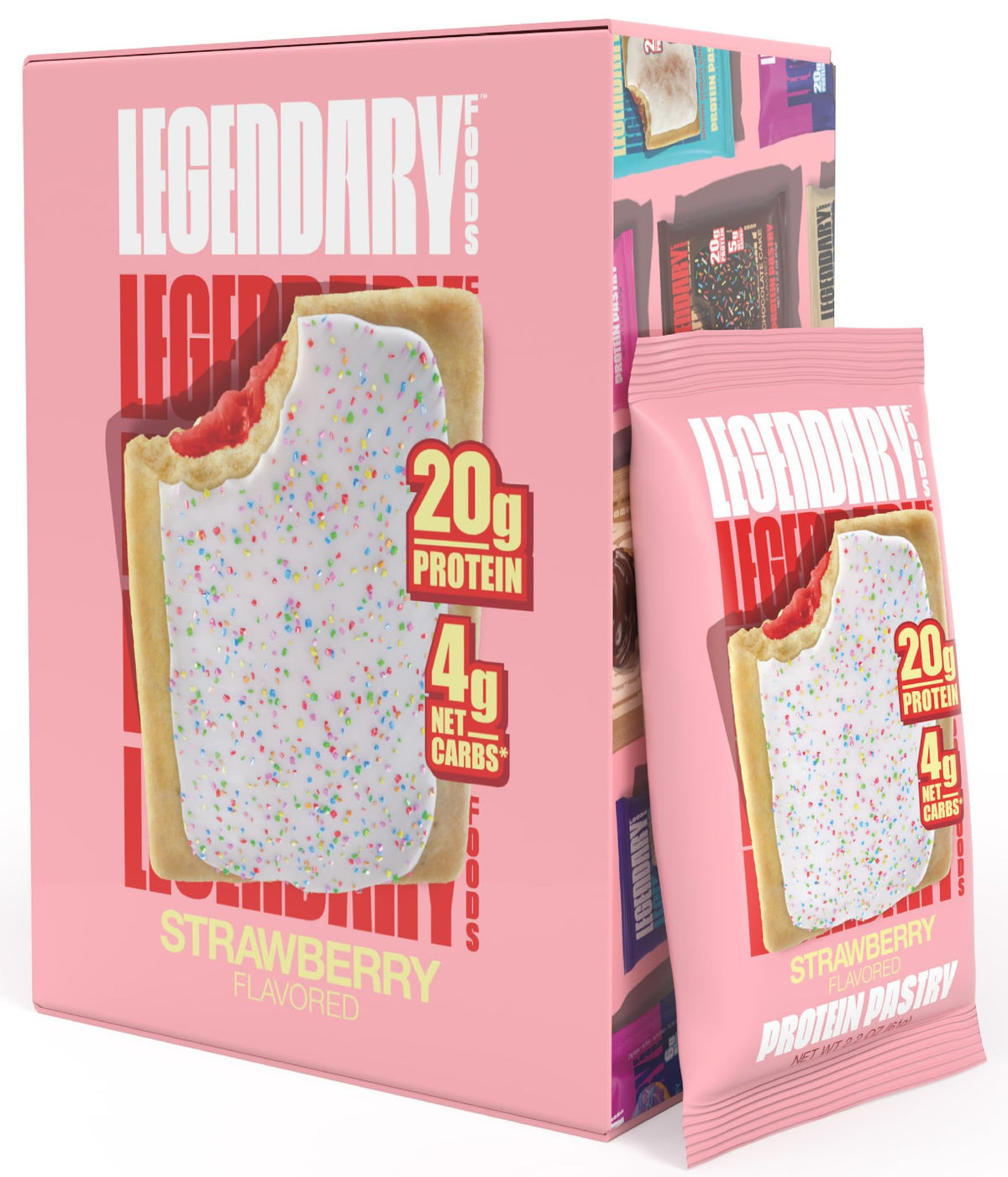 Legendary Foods strawberry protein pastry bars, low carb, keto-friendly, gluten-free high-protein snack, 8-pack.
