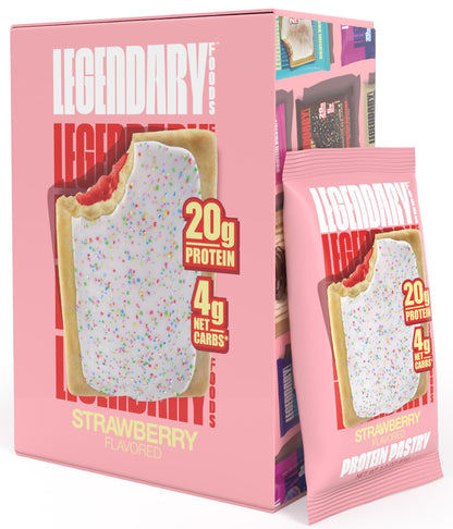 Legendary Foods strawberry protein pastry bars, low carb, keto-friendly, gluten-free high protein snacks, 8-pack, no sugar added.