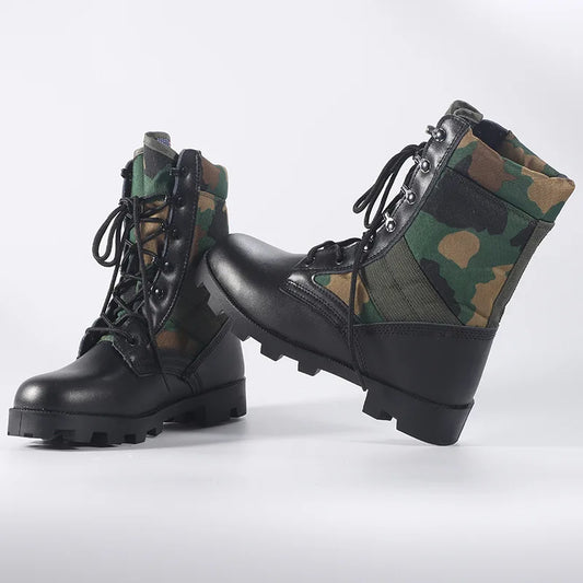 Men's tactical high-top hiking boots with shock-absorbing soles, durable hard sole, and high-waist outdoor training design.