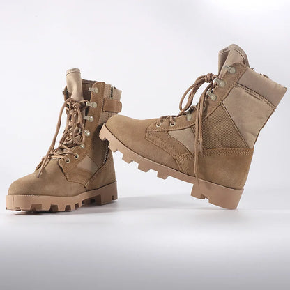 Men's tactical hiking boots with high-top design, shock-absorbing sole, hard sole, and high waist for outdoor training.