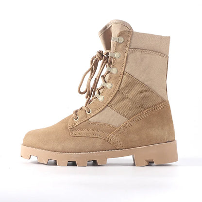 Men's tactical hiking boots with high-top design, shock-absorbing soles, and durable hard-sole construction for outdoor training.
