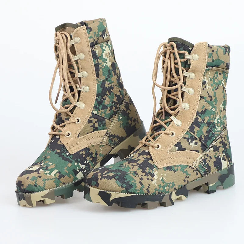 Men's tactical training high-top boots with shock-absorbing soles, durable hard sole, and high-waist design for outdoor hiking.