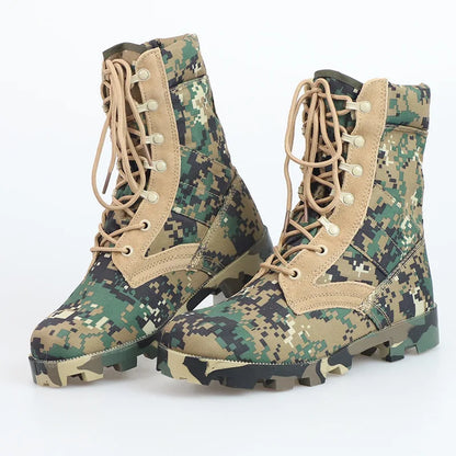 Men's tactical training high-top boots with shock-absorbing soles, durable hard sole, and high-waist design for outdoor hiking.